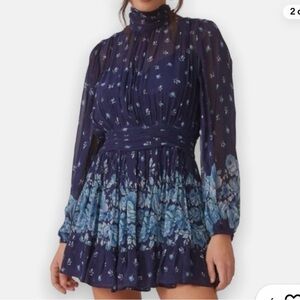 Anthropologie Navy and Blue Floral Long Sleeve Dress